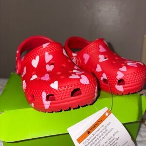 CROCS Kids Red Clogs with Pink Hearts